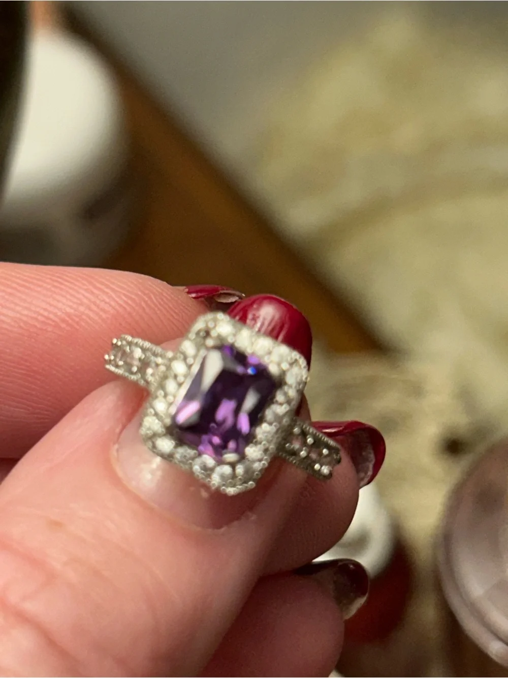 Silver Ring with Purple Gemstone and Halo Accents. Size 7